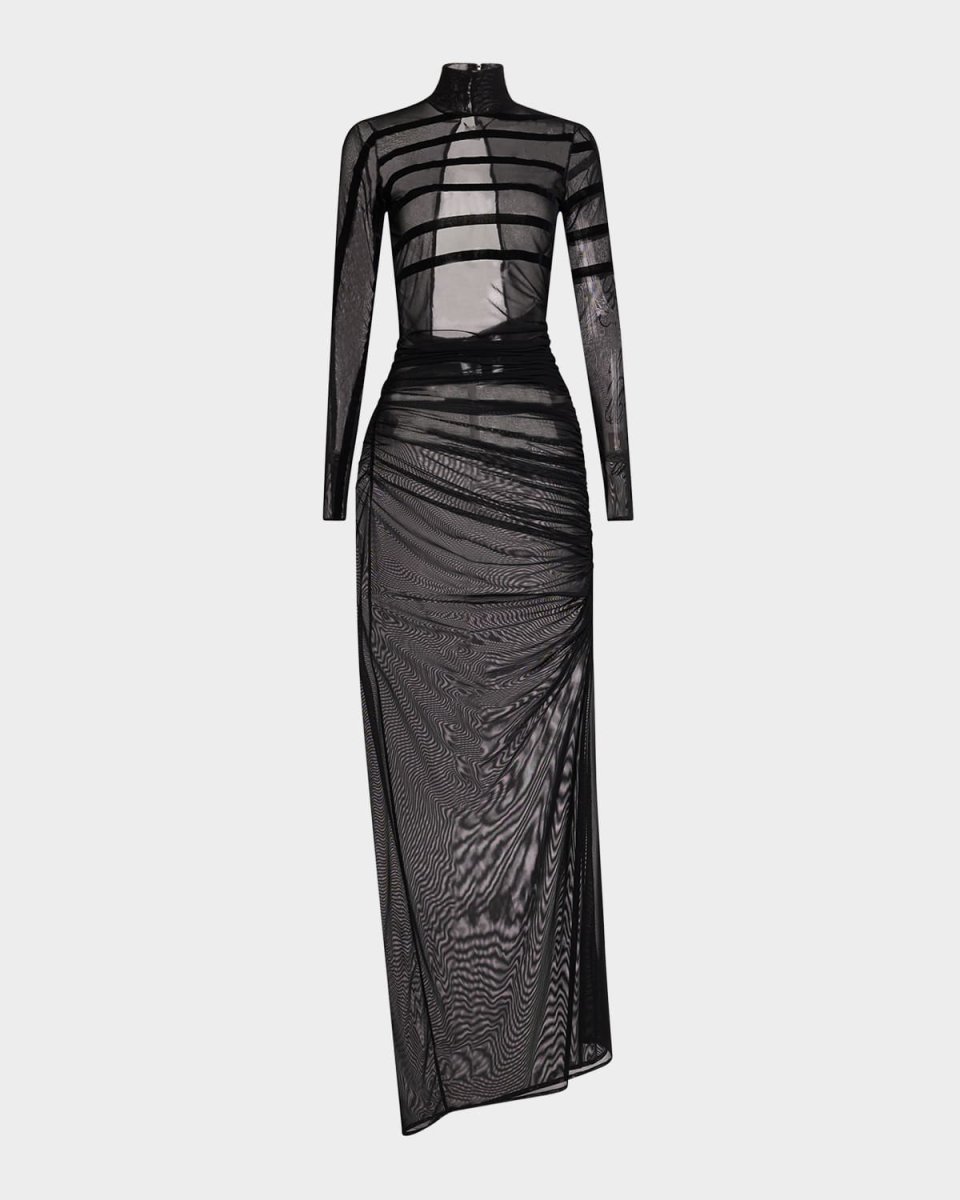 Turtleneck Flocked Mariniere Mesh Maxi Dress